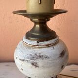Round lamp base in white patina wood and brass