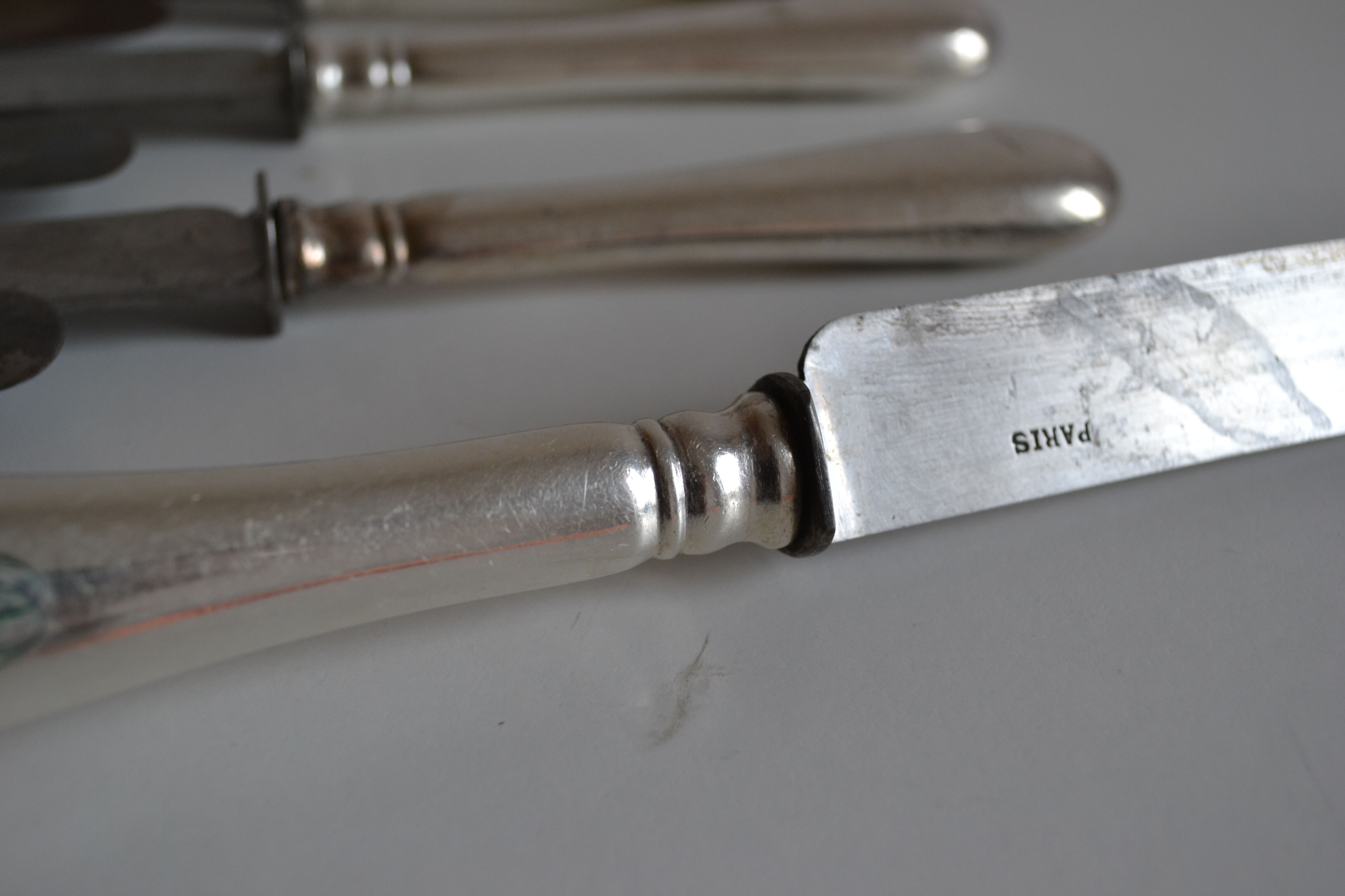 12 antique metal silver monogram table knives