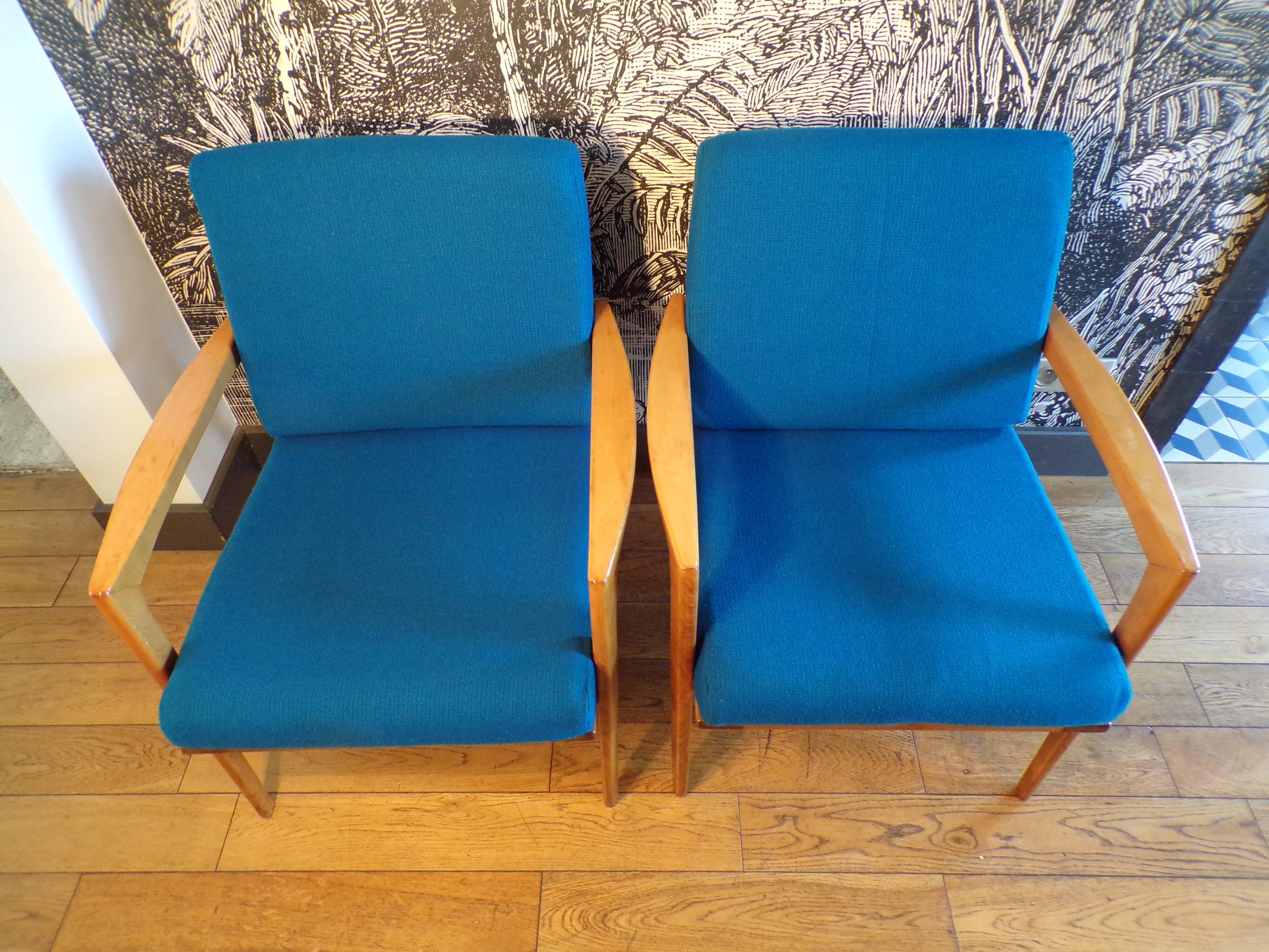 Pair of blue jersey Scandinavian armchairs