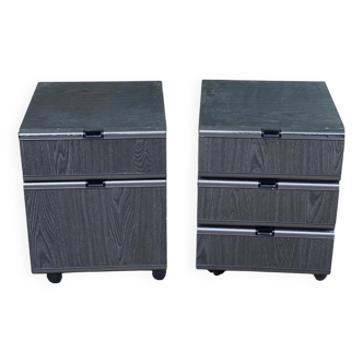 Pair of industrial grey wooden bedside tables on casters