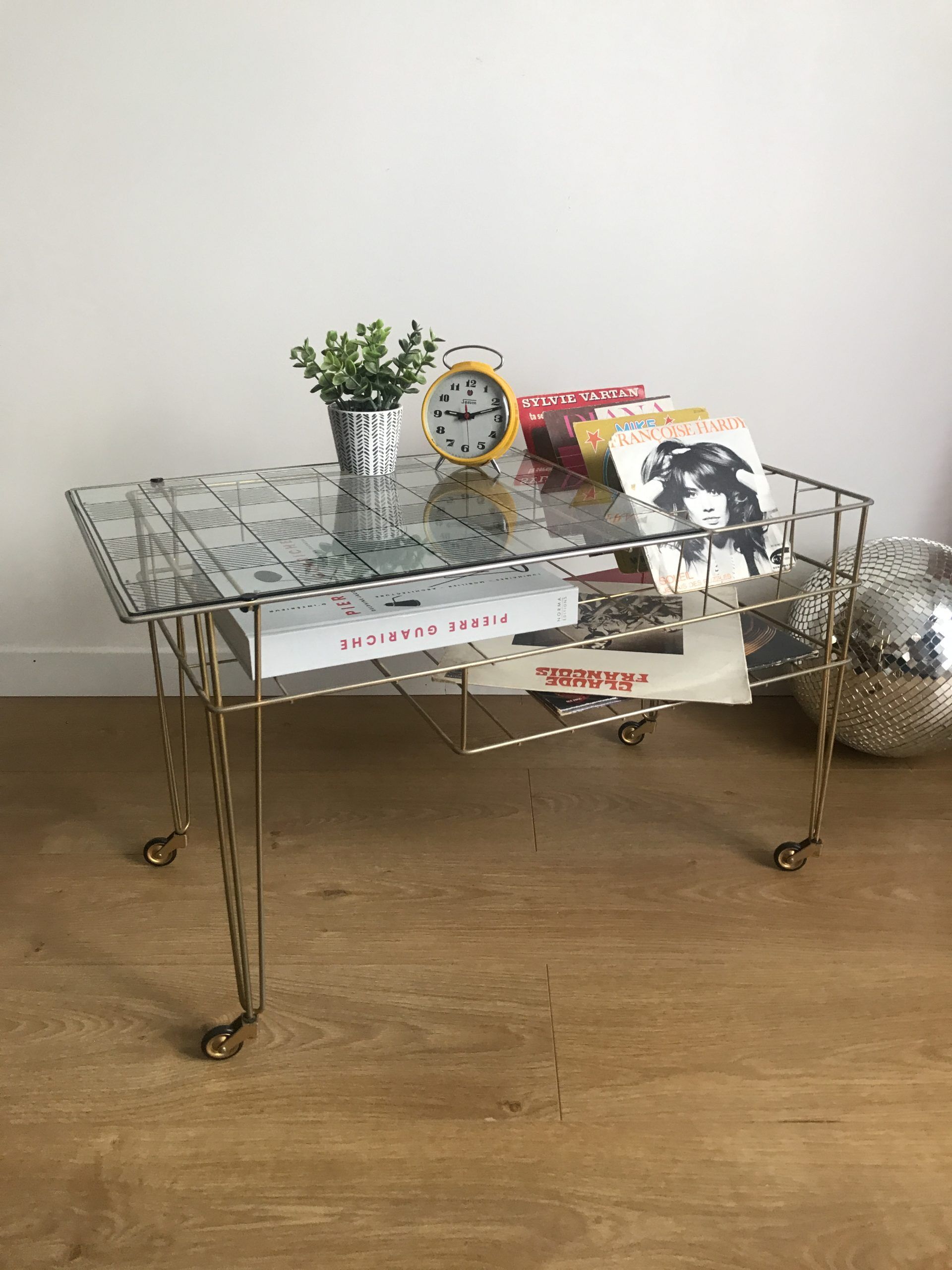 Side table gold vinyl door with wheels eiffel legs and glass checkered top