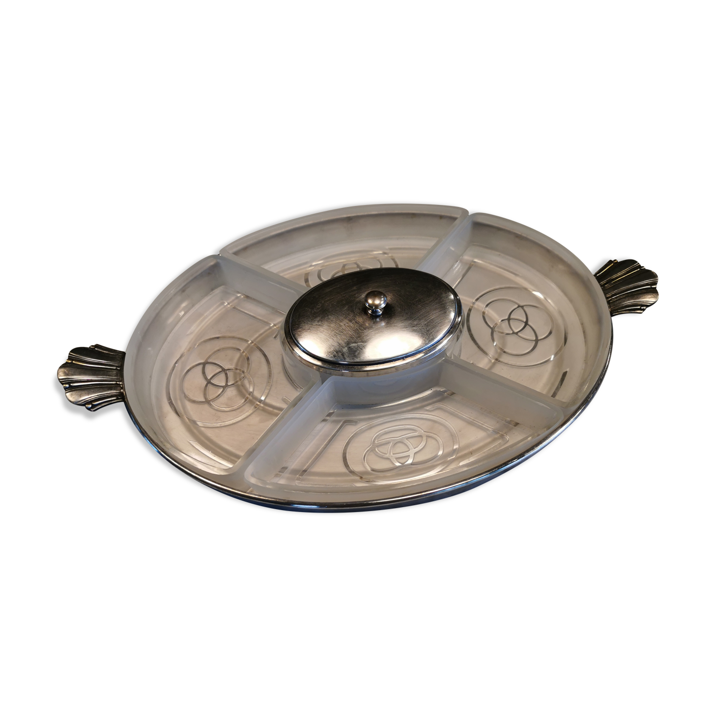 Vintage Art Deco silver-plated tray with glass bowls.