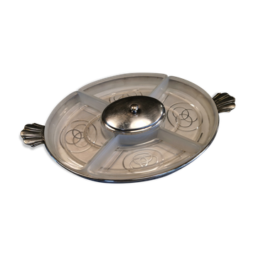 Vintage Art Deco silver-plated tray with glass bowls.