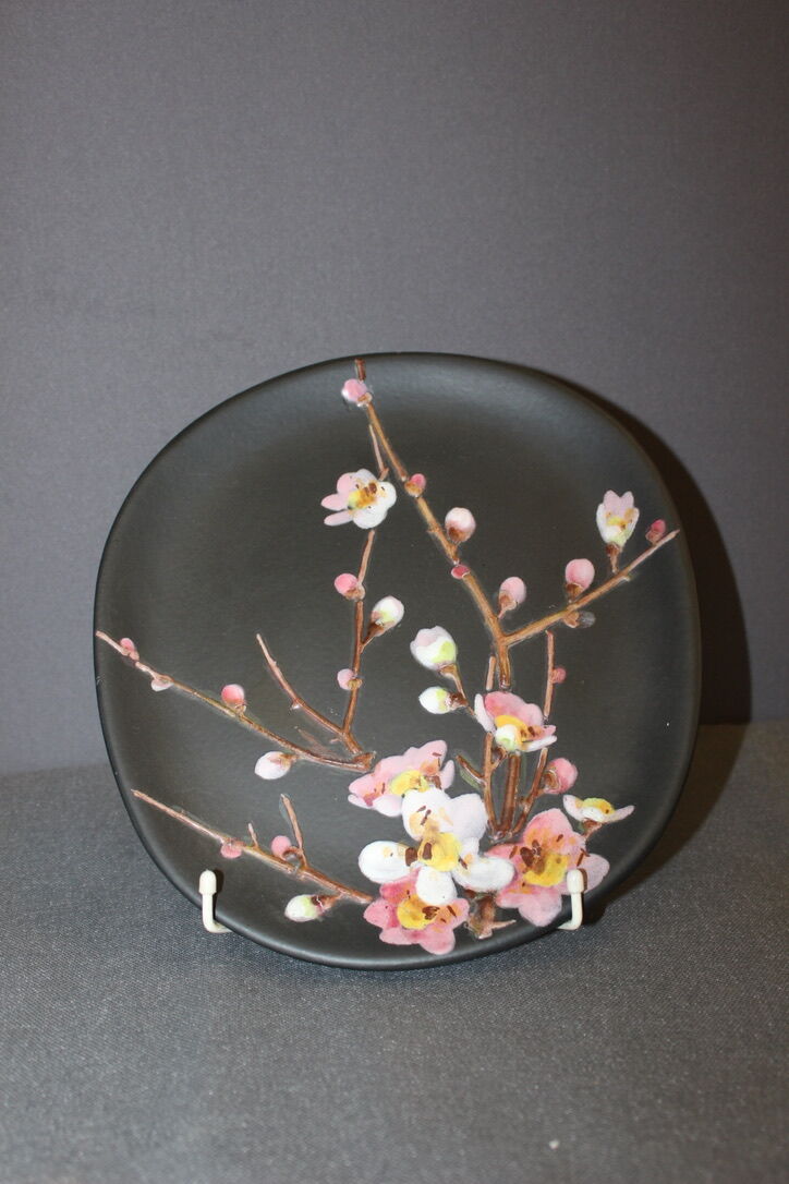 Set Of Three Ceramics By Giraud in Vallauris Apple Blossoms