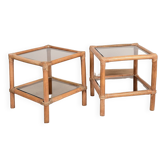 Pair of bedside tables or side tables, in rattan and smoked glass