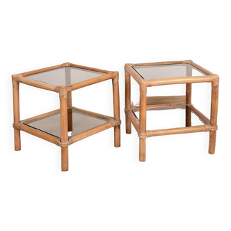 Pair of bedside tables or side tables, in rattan and smoked glass