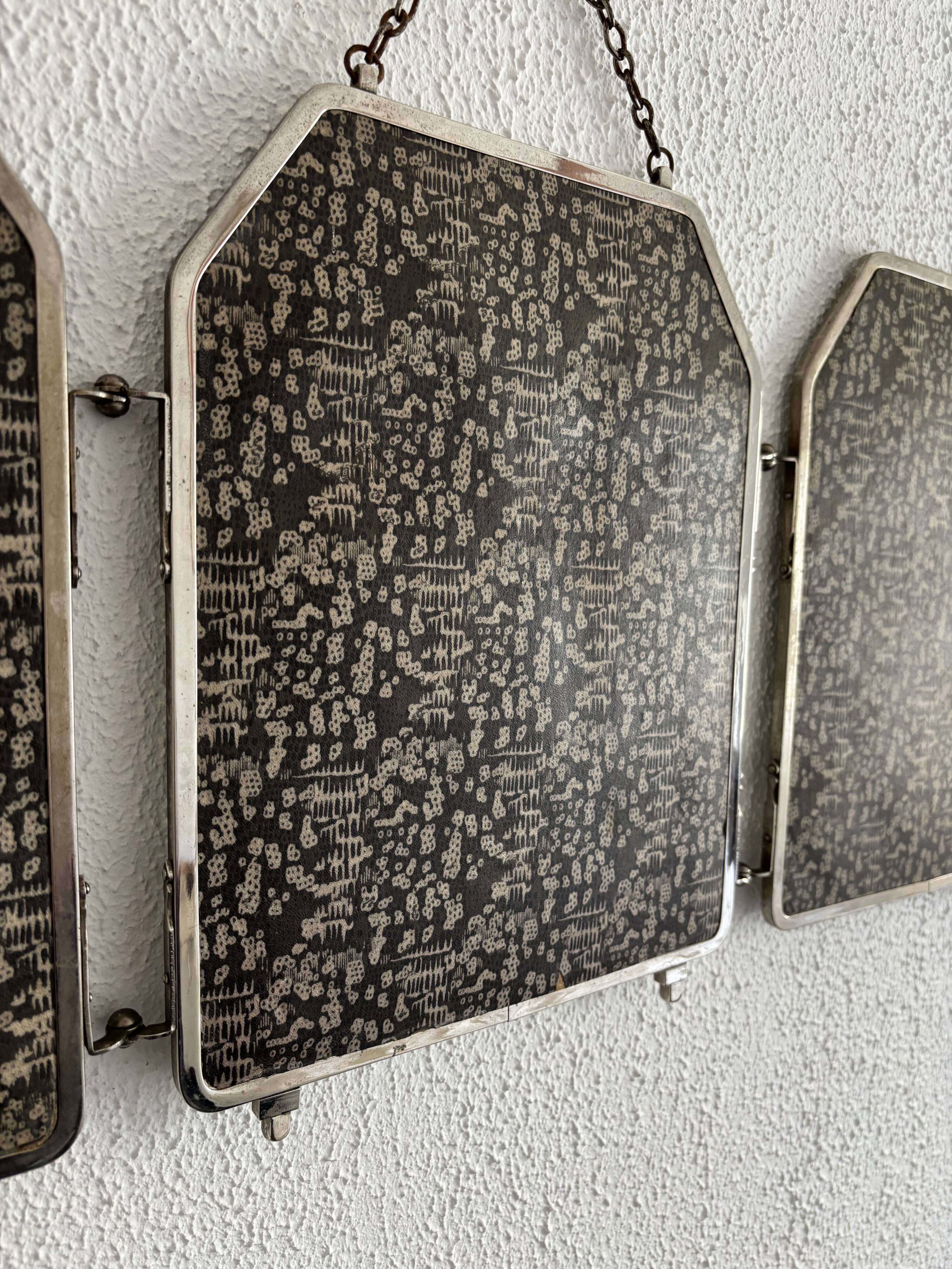 Miroir vintage 1920 triptyque barbier Art Déco cristal hexagone- 33 x 78 cm