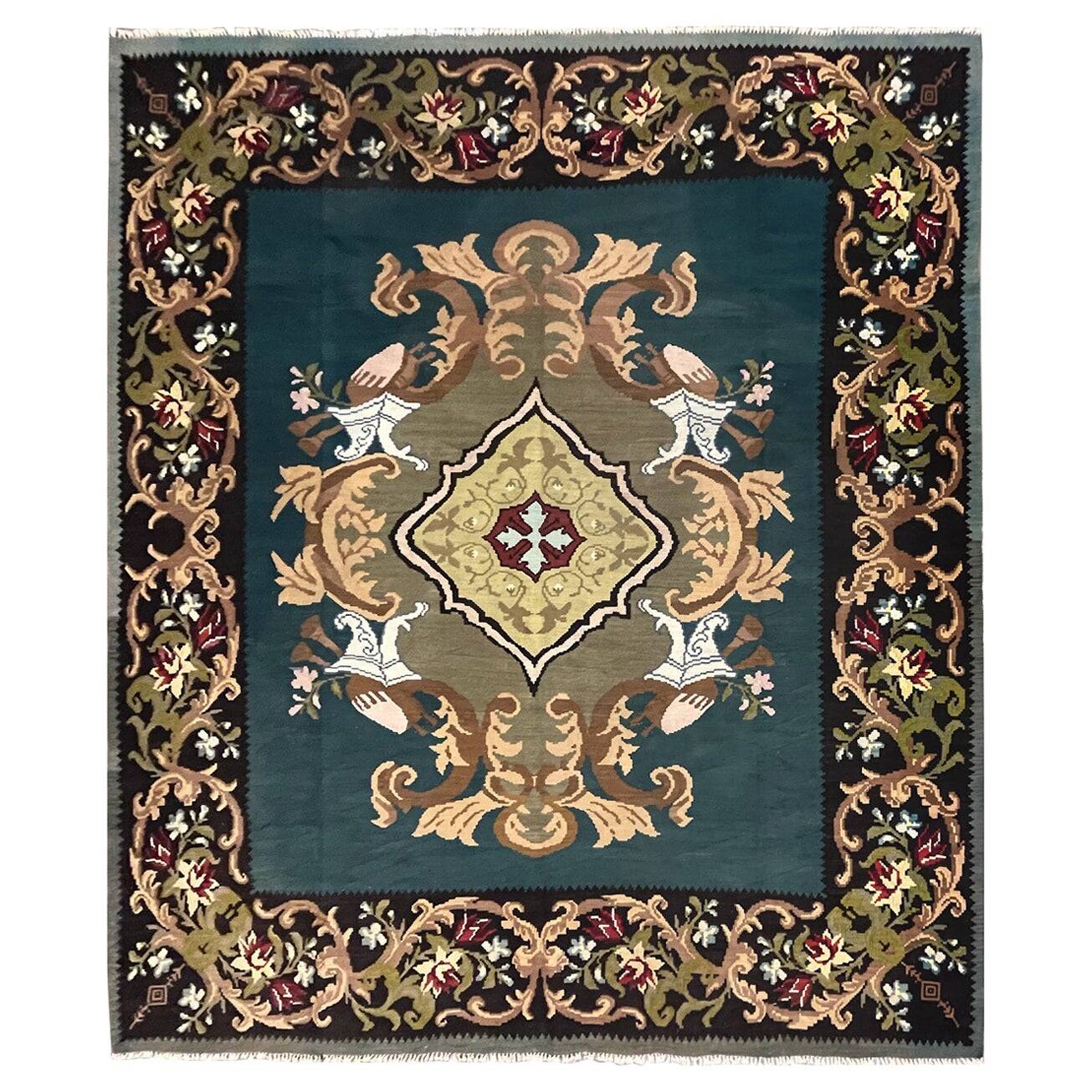 Teal Green Kilim Rug Handwoven Oriental Carpet Moldavian Area Square Rug