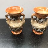 Paire de vases ancien céramique multicolore avec 2 anses vintage