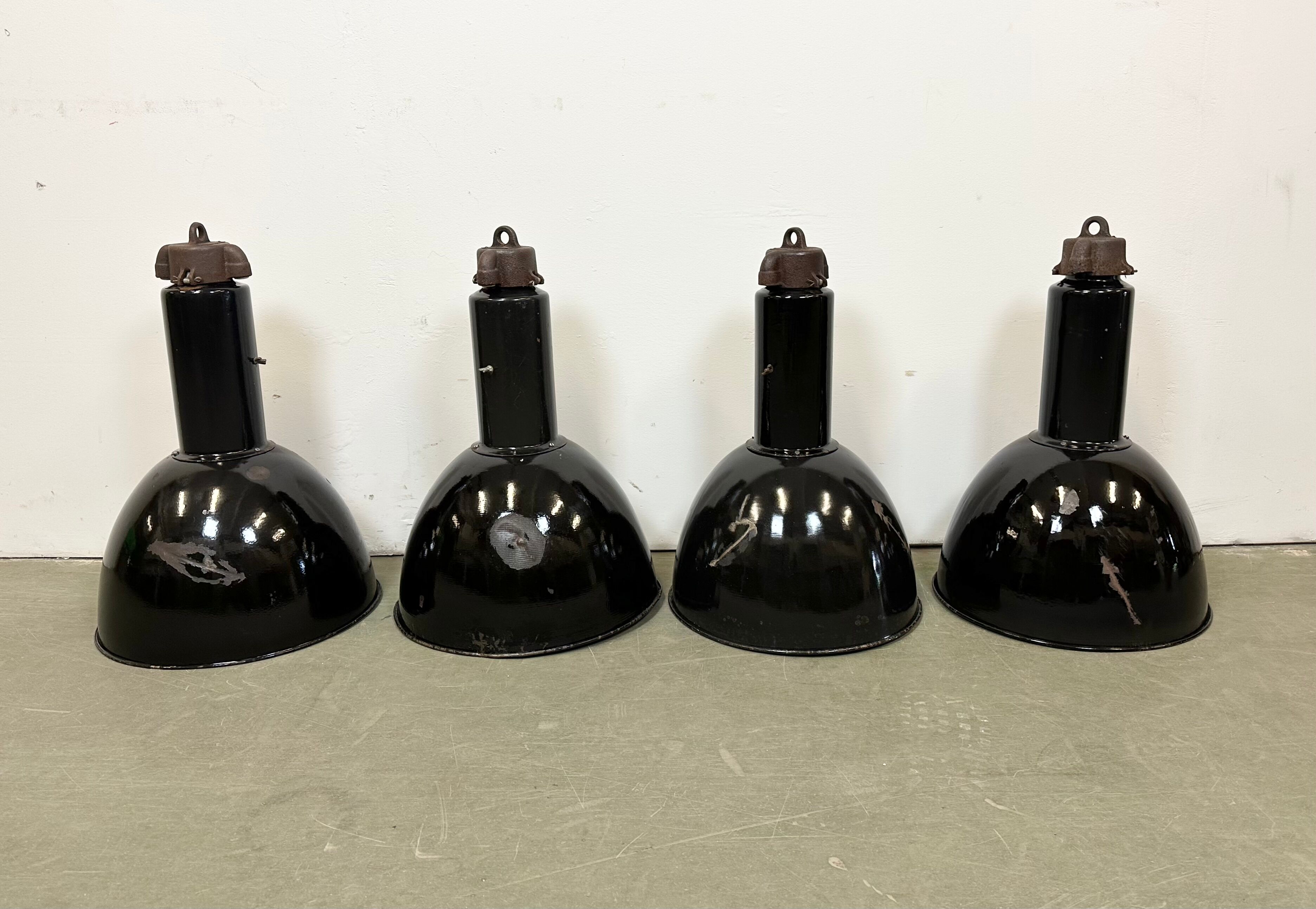 Set of 4 Industrial Bauhaus Black Enamel Pendant Lamps, 1960s