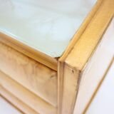 1960s italian sideboard/chest of drawers in high gloss finish with glass top and shelf