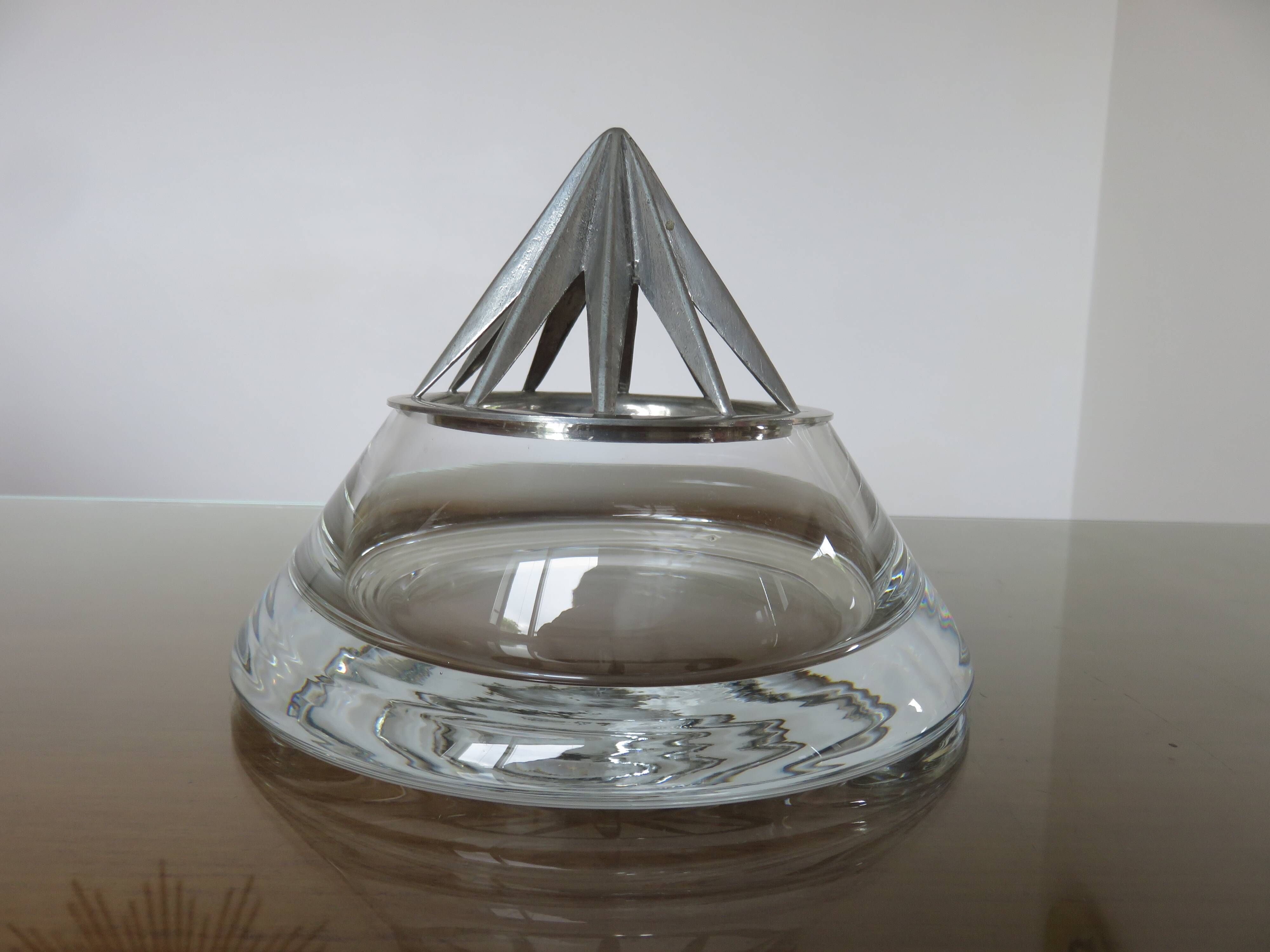 Designer crystal and pewter flower vase by Jean Goardere, 1970s