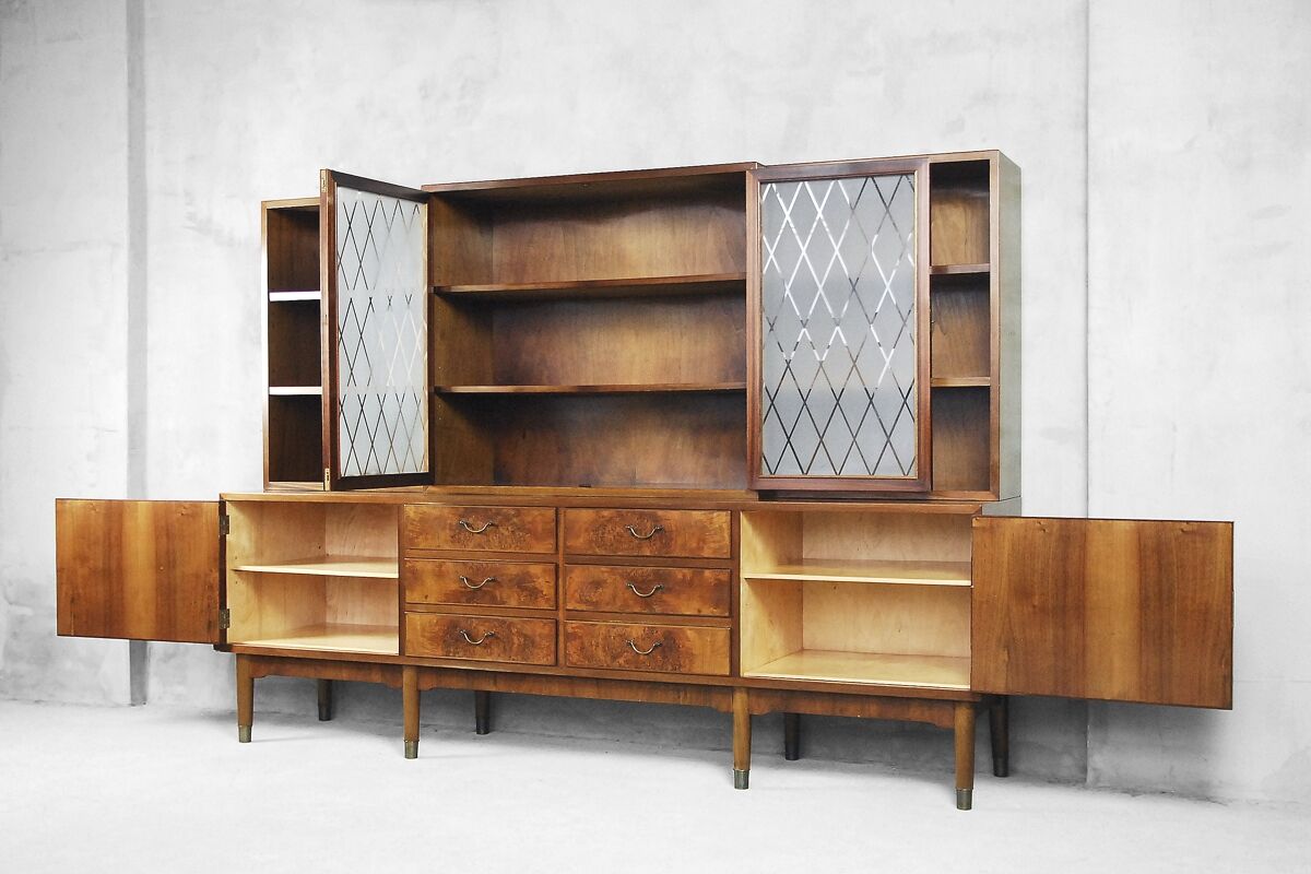 Antique Walnut and Burl Swedish Buffet with Glass Vitrine, 1940s