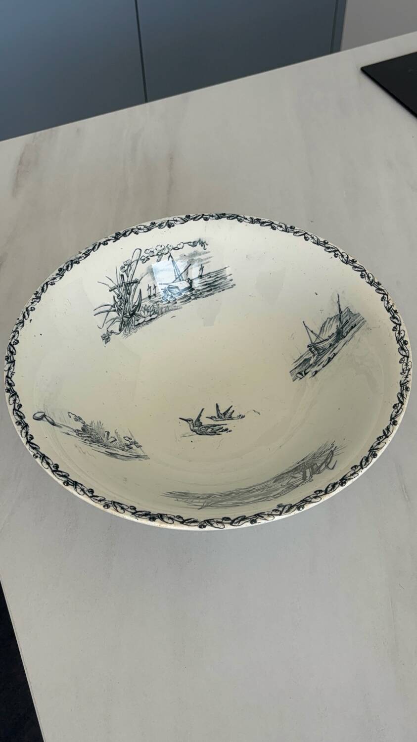 Antique ironware salad bowl, Marine model – Creil et M factory