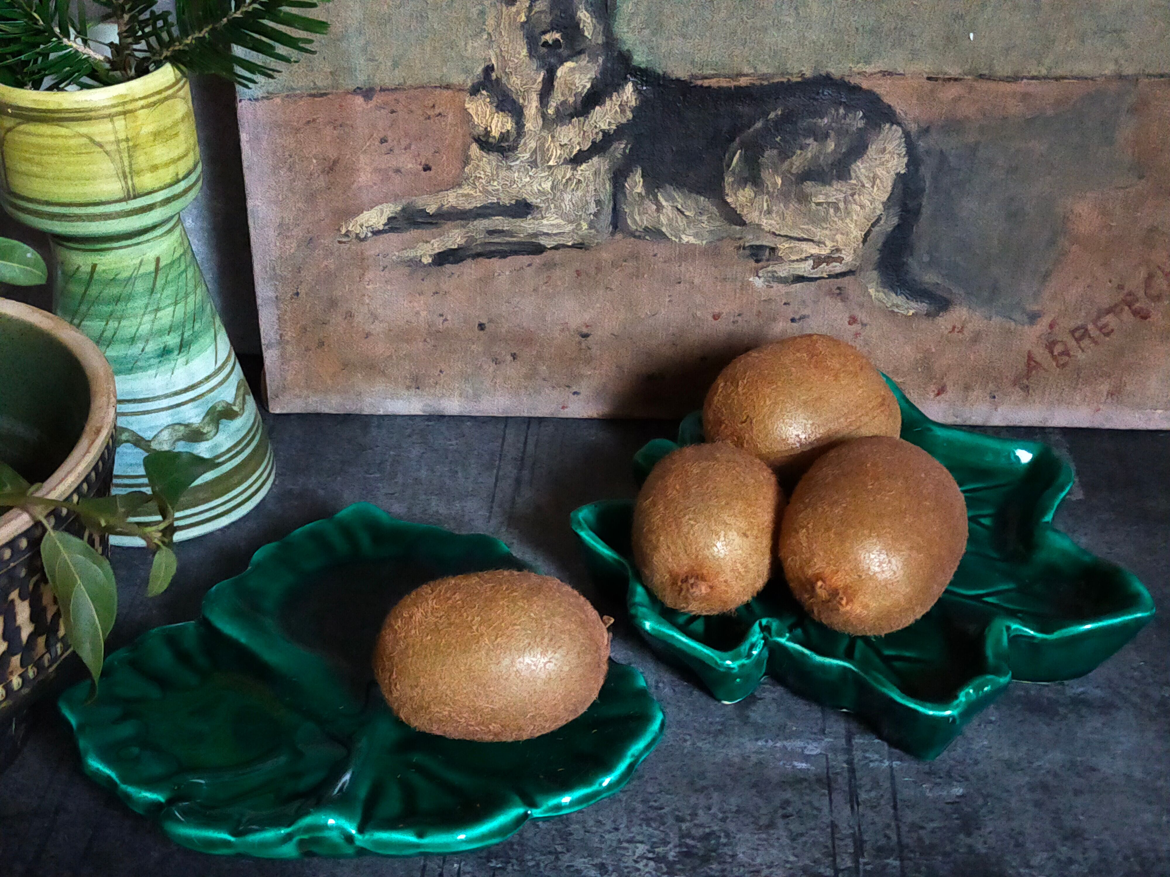 Duo of leaf cups in green slurry from Vintage Vallauris
