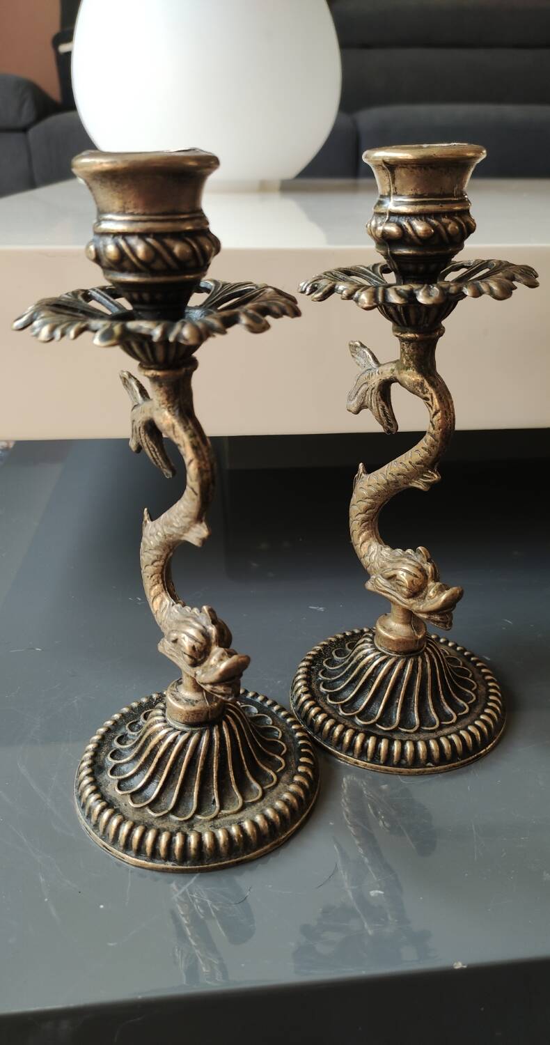 Pair of Art Nouveau style Koi Carp Candlesticks. In old gold patinated bronze.