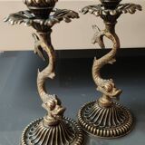 Pair of Art Nouveau style Koi Carp Candlesticks. In old gold patinated bronze.