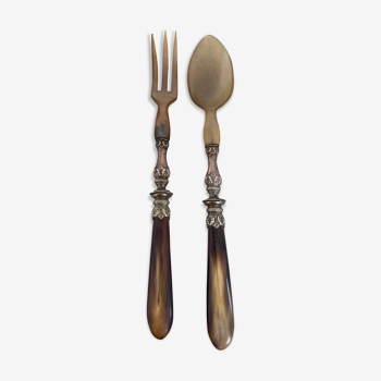Old, salad cutlery, horn handle, golden metal, bakelite, France