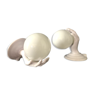 Pair of vintage wall appliques hands with opaline globe