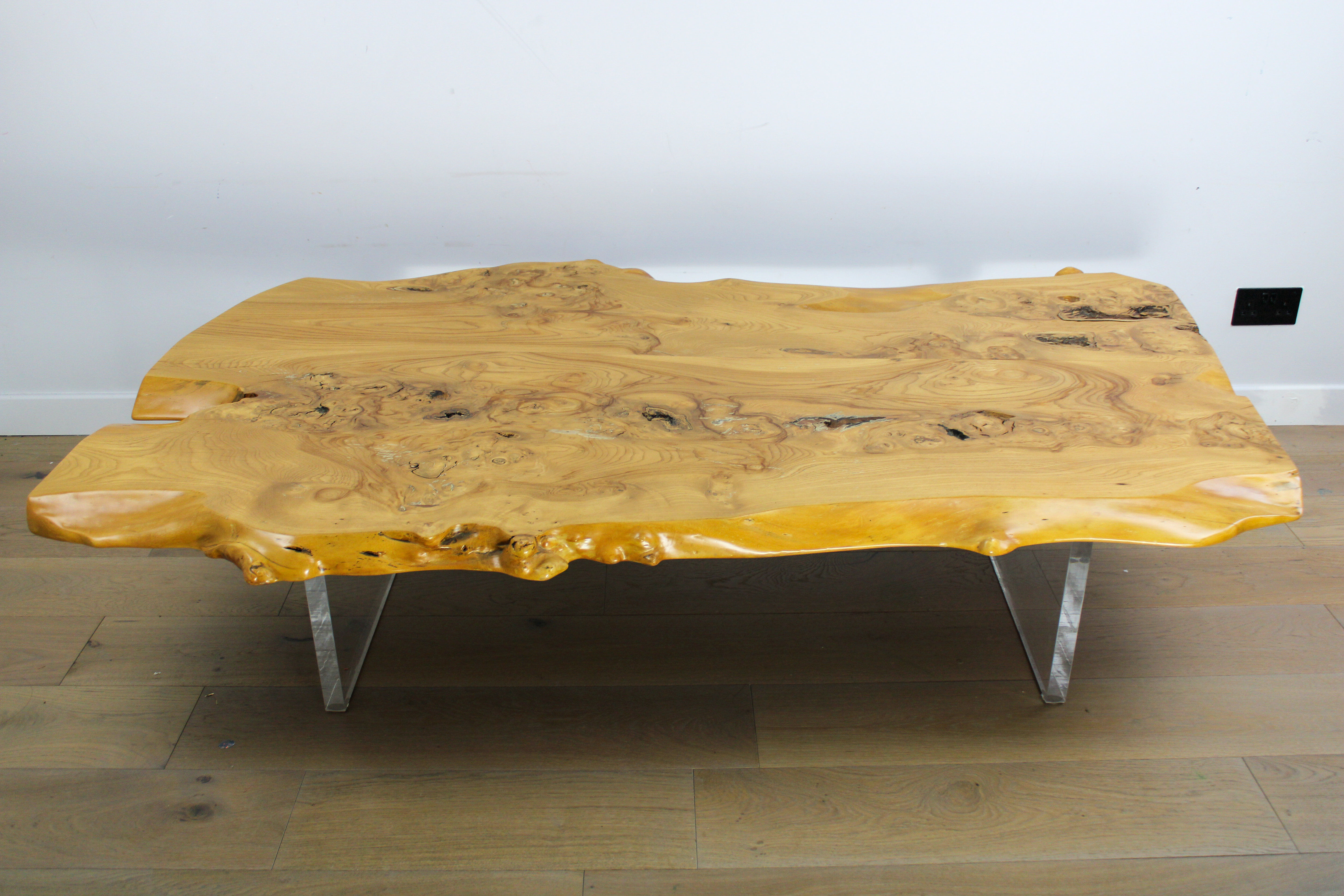 'Floating' mid-century Italian burr elm coffee table on Lucite blocks