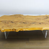 'Floating' mid-century Italian burr elm coffee table on Lucite blocks