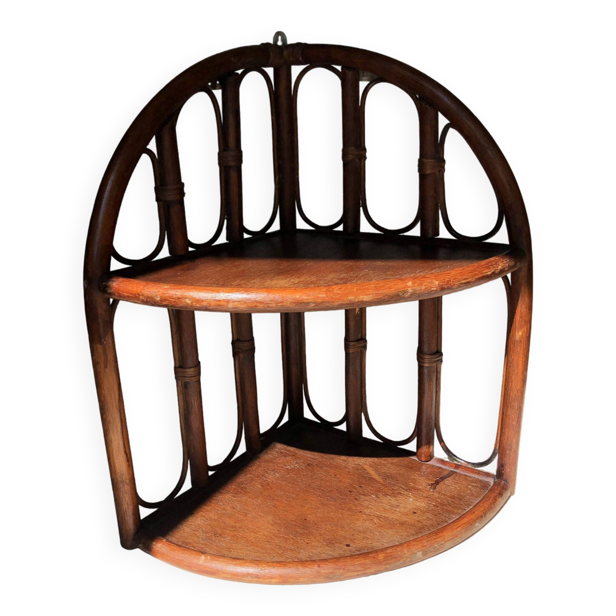 Corner shelf in dark rattan, 60s/70s