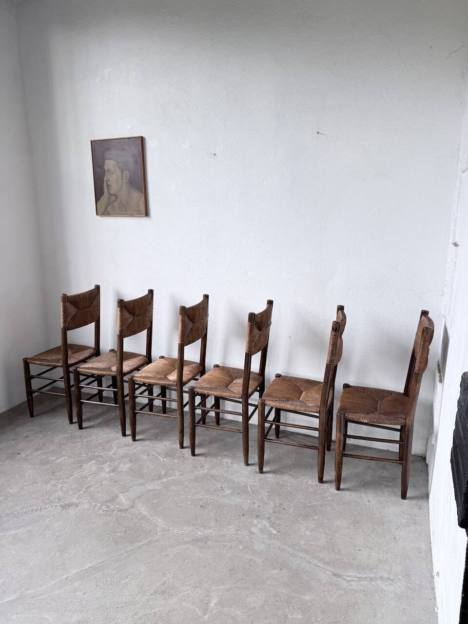 Set of 6 straw and oak Beauche chairs.