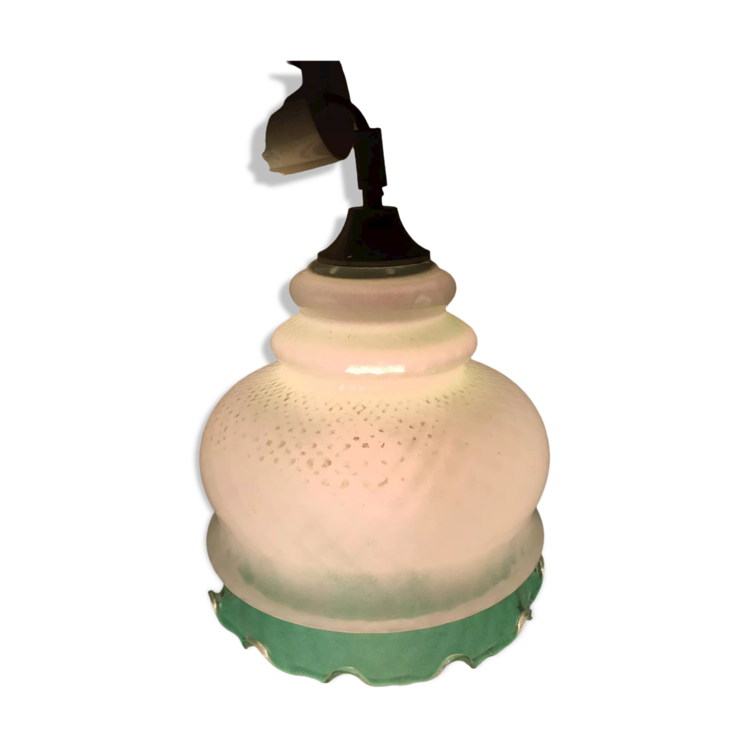 Suspension in pale green opaque glass with grid patterns. Hemmed edge