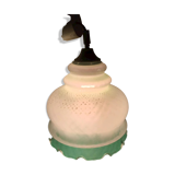 Suspension in pale green opaque glass with grid patterns. Hemmed edge