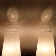 Pair of vintage double-light wall sconces in brass and etched glass from the 60s/70s.