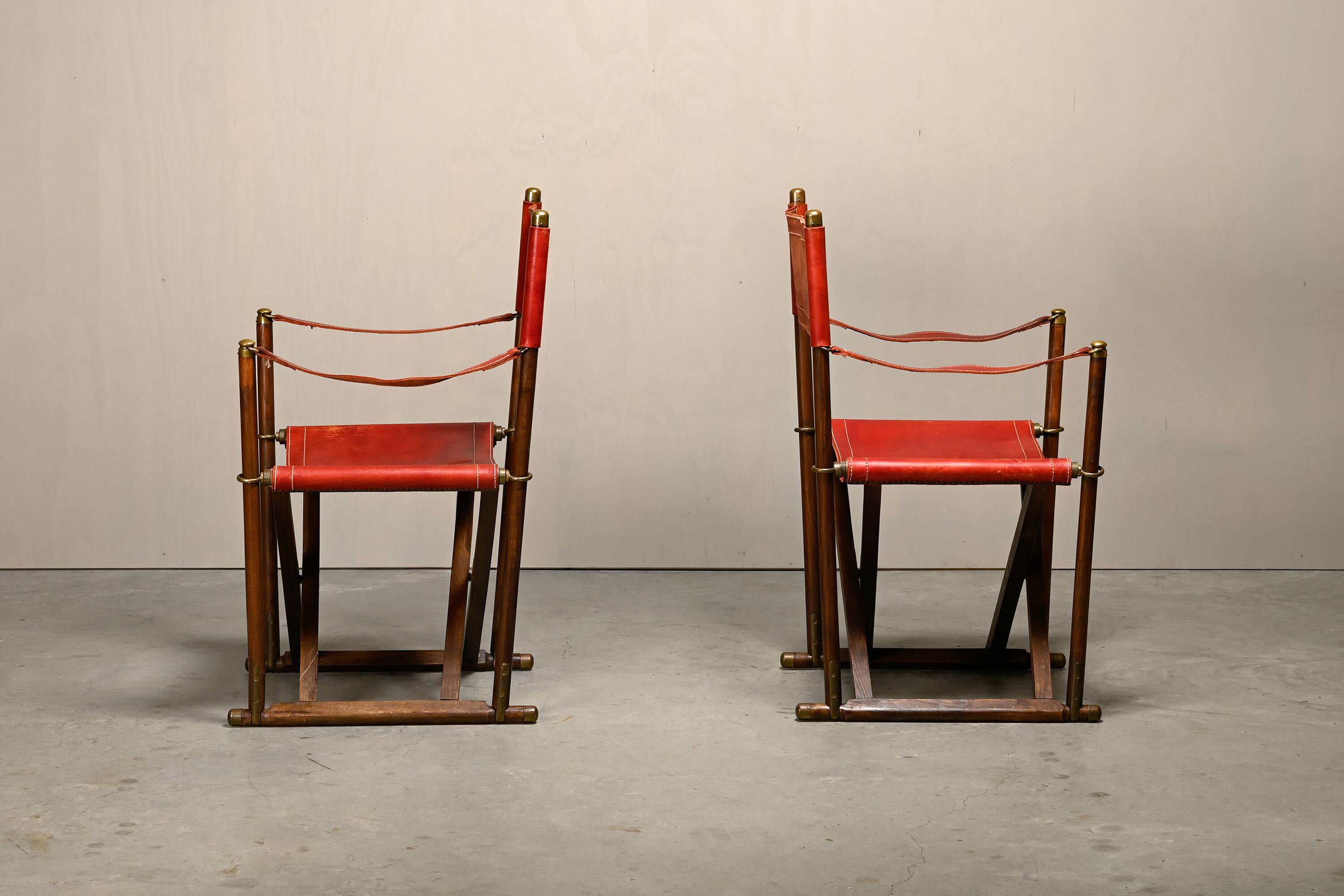 Pair Mogens Koch MK-16 Folding Chair in Oak Wood with Red Leather for Valma