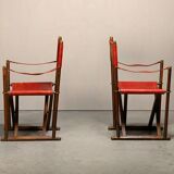 Pair Mogens Koch MK-16 Folding Chair in Oak Wood with Red Leather for Valma