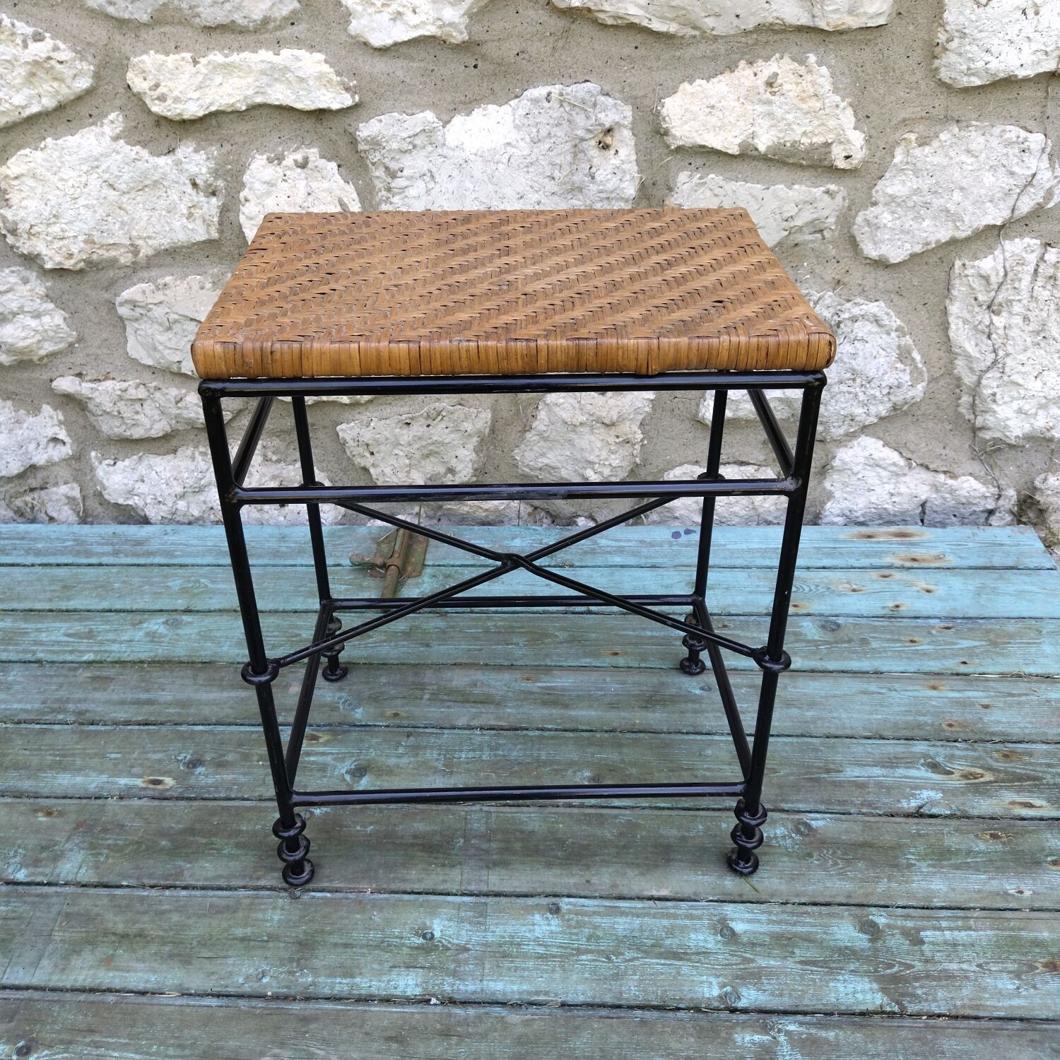 Bout de canapé tabouret rotin fer forgé années 50