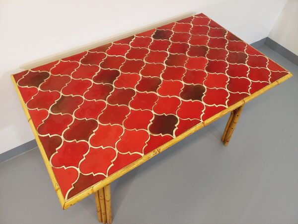 Table à manger vintage en rotin et céramique de Vallauris des années 50 60