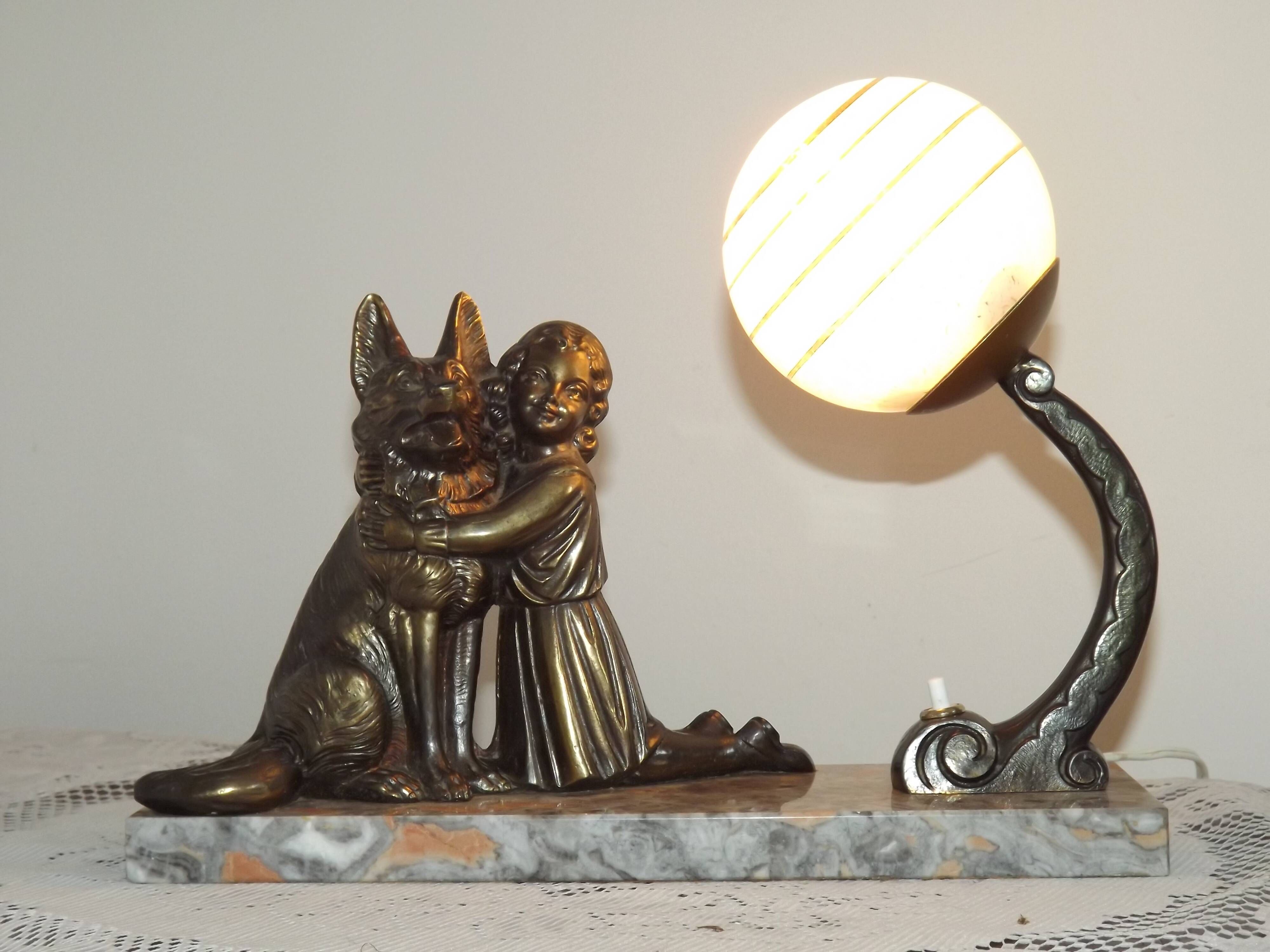 French Art Deco Table Lamp – Kneeling Girl with Dog & Clichy Glass Shade