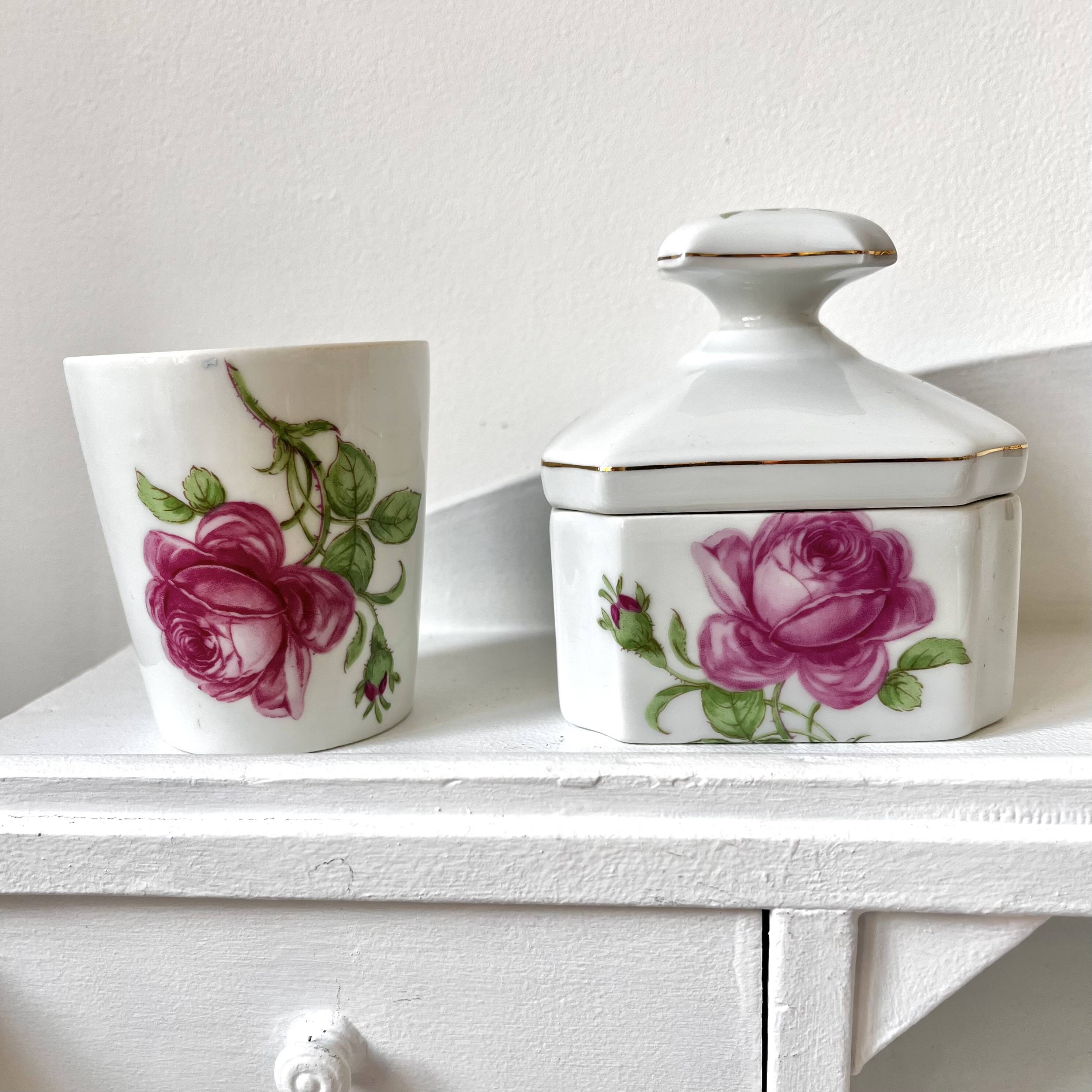 Limoges porcelain toiletry bottles decorated with roses