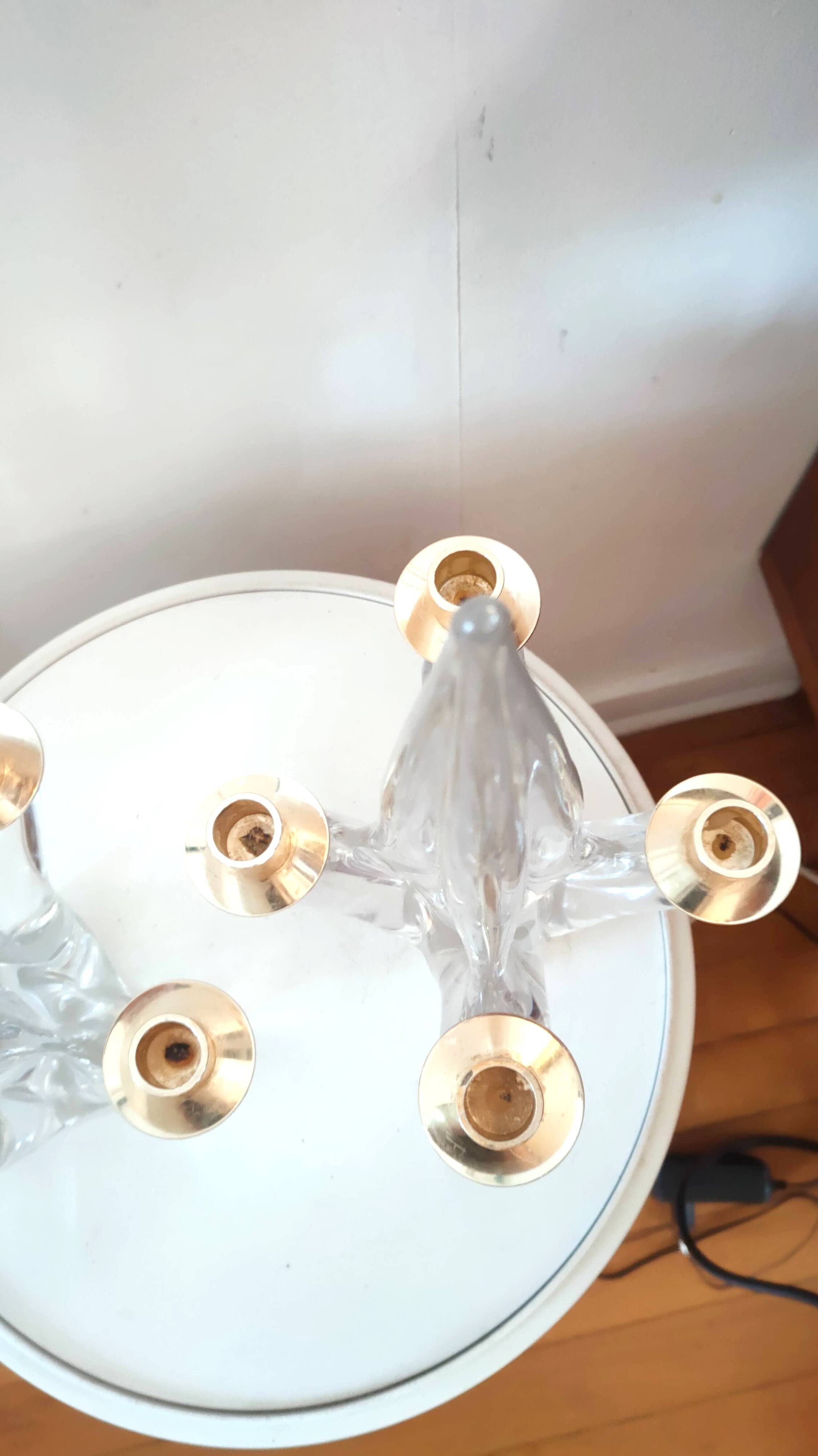 Pair of vintage Schneider crystal and brass candlesticks