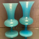 Two vases on a pedestal in blue opaline