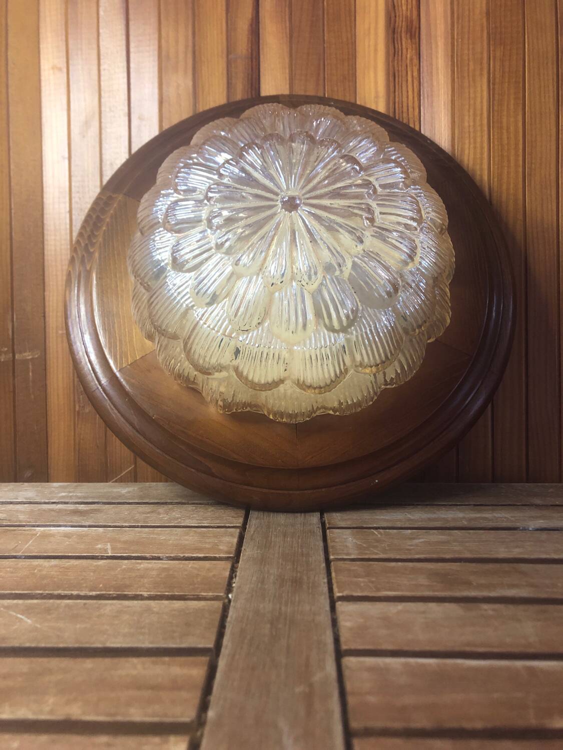 Old golden molded glass pendant light + vintage wood contour #a378