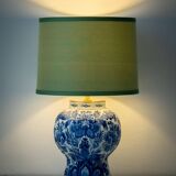 Royal Delft blue ceramic lamp, 1971, new pistachio silk shade.