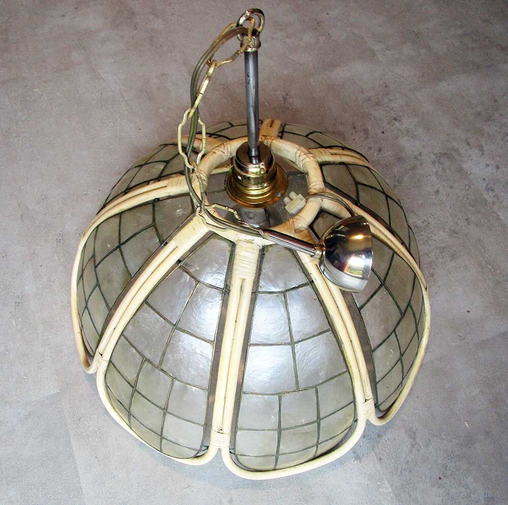 Hanging lamp mother-of-pearl, rattan and brass