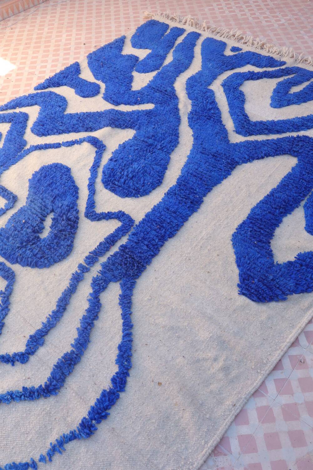 Klein blue and white Berber rug with abstract relief