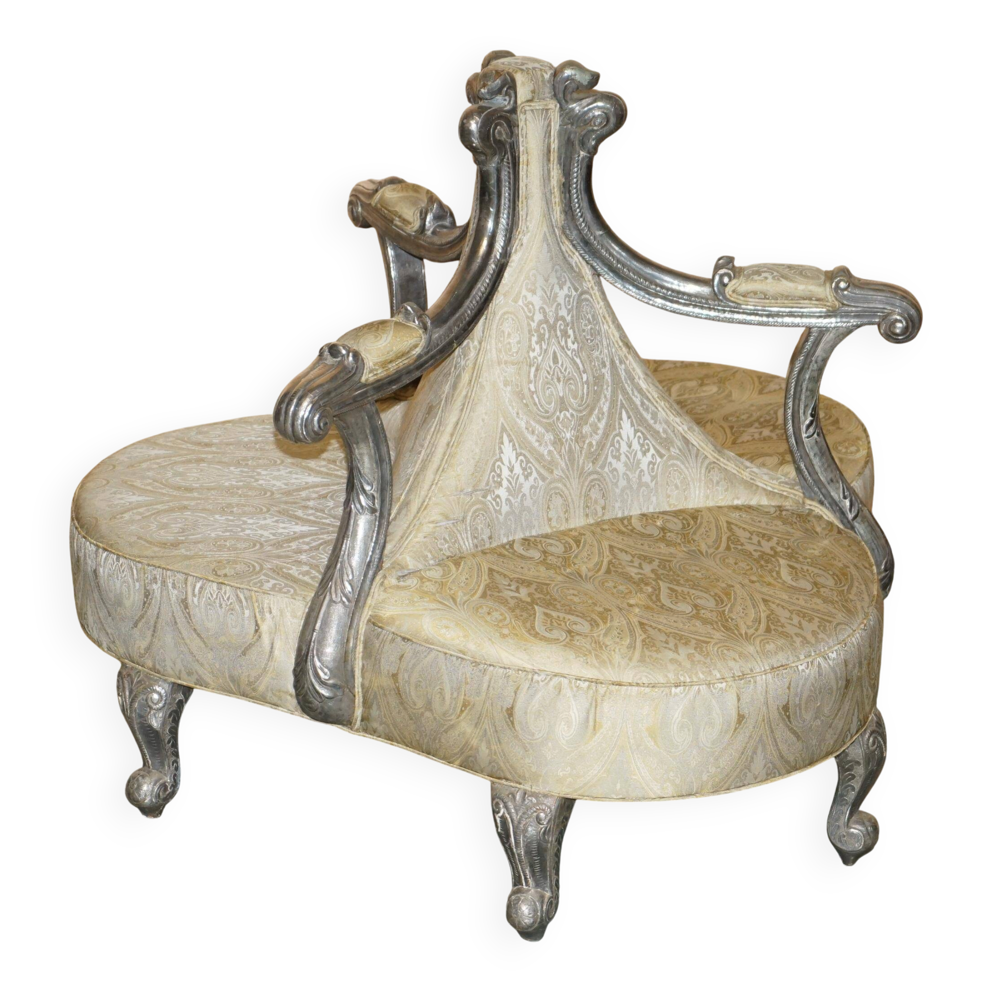 Silver-plated sculpted "Tete a Tete" canapé conversation, antique 19th century.