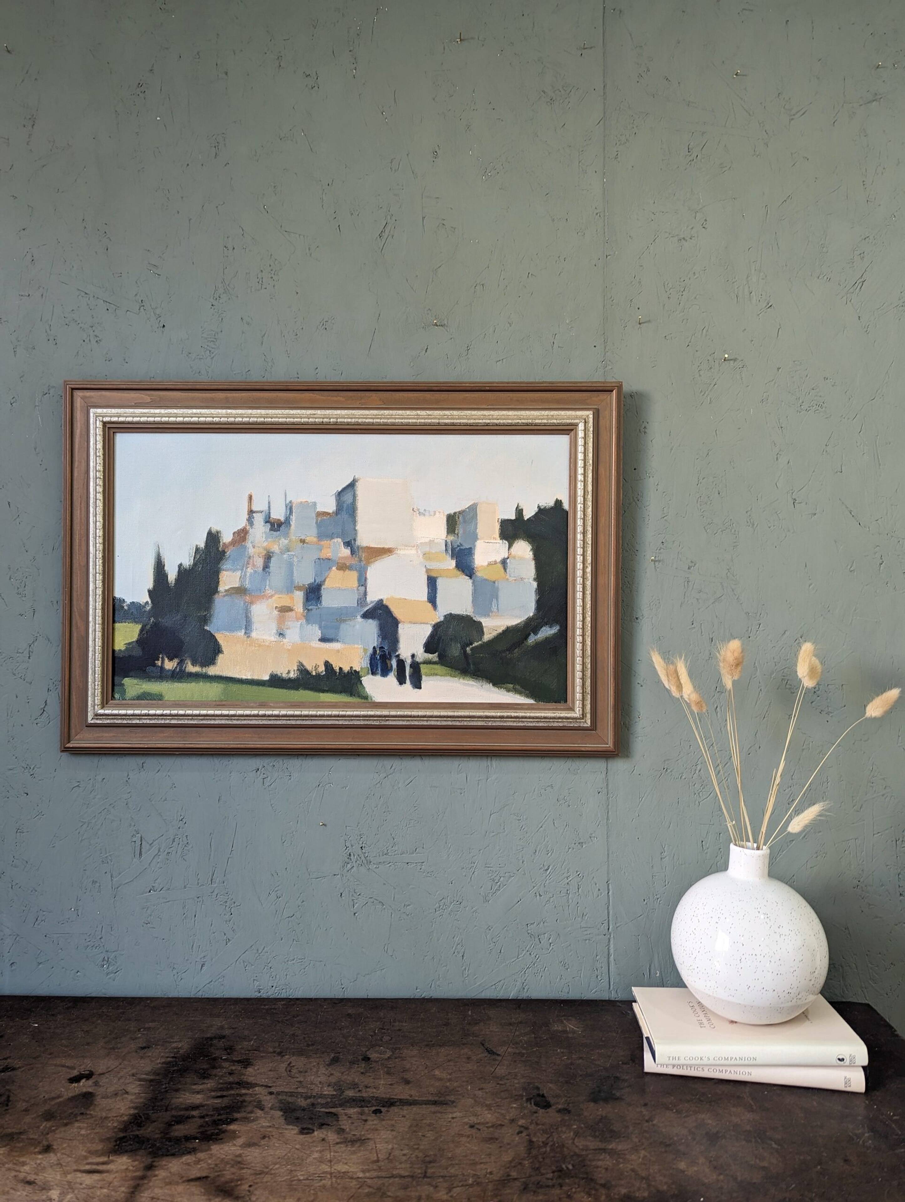 Mid-Century Modern "City Stroll" Vintage Swedish Cityscape Street Scene Oil Painting, Framed