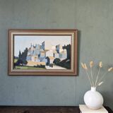Peinture à l’huile de scène de rue de paysage urbain suédois vintage moderne du milieu du siècle « City Stroll », encadrée