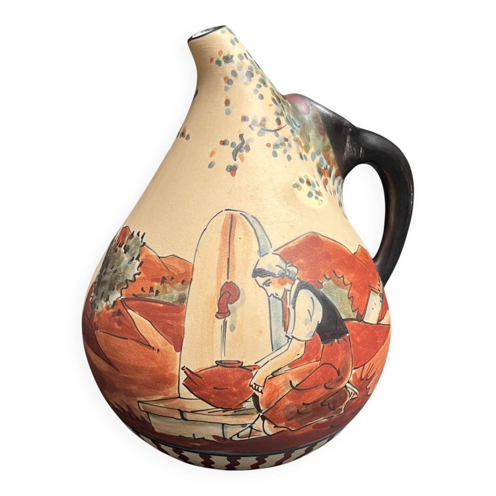Ciboure pot-bellied pitcher signed Monique Ordoqui circa 1970