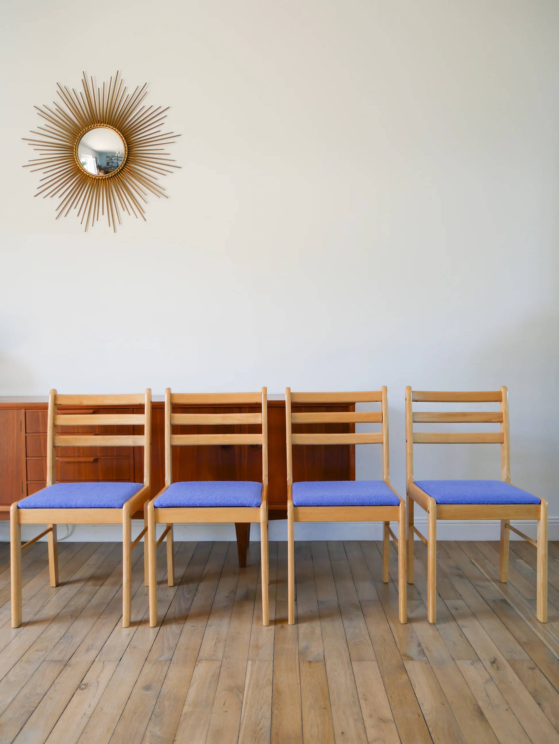Set of 4 solid pine chairs, reupholstered in ocean blue wool, 1980.