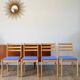 Set of 4 solid pine chairs, reupholstered in ocean blue wool, 1980.