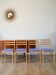 Set of 4 solid pine chairs, reupholstered in ocean blue wool, 1980.