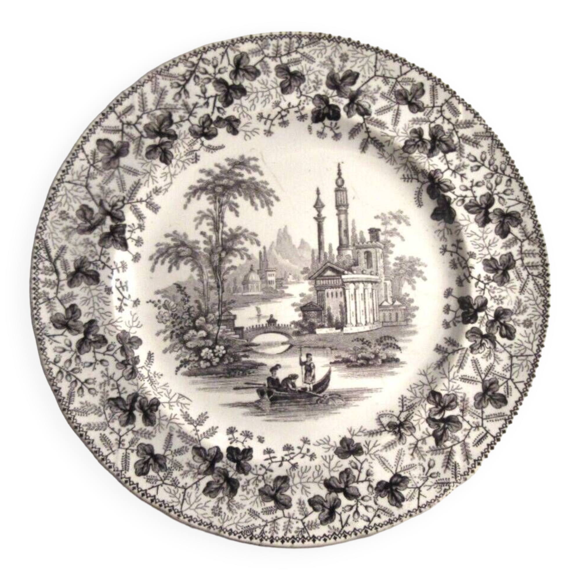 English dessert plate signed David Johnston & Cie: Black and white landscape